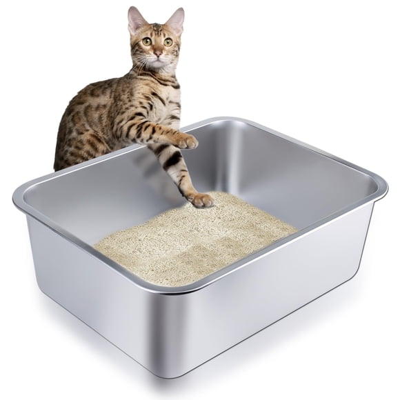 Caja de arena para gatos LOPYK de acero inoxidable con lados altos, grande