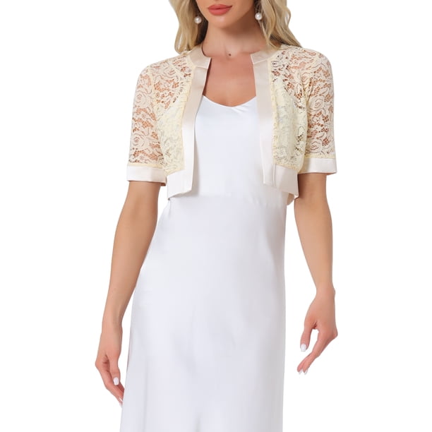 INSPIRE CHIC Bolero de Halloween para Mujer Chaqueta Corta Panel de Satén Mangas Cortas Encaje Abierto Frontal Cárdigan Beige XS