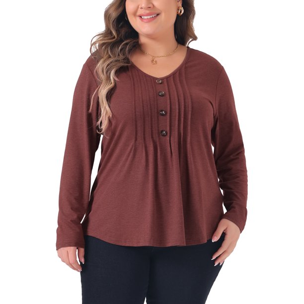 Agnes Orinda Mujeres Blusas de Talla Grande Manga Larga Plisado Frontal Casual Cuello en V Camisas Blusas 1X Burdeos