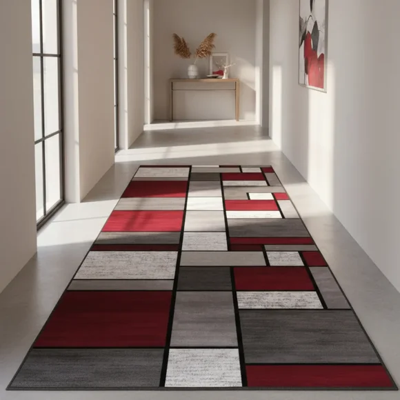 Alfombra Pasillera 3d Wm 60x180 Cm Decorativa - 1.8 M - 60 Cm - Cuadrado Con Rojo - Rojo Con Blaco