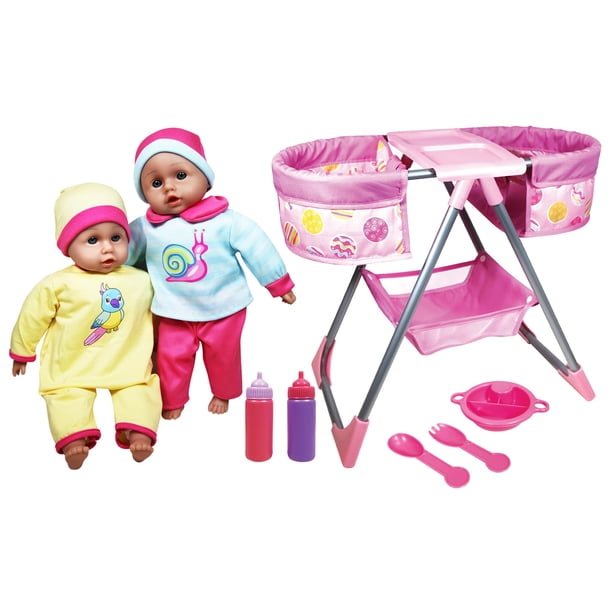 Set de muñecas Lissi con silla alta doble rosa y amarilla con 2 muñecas de 14 pulgadas