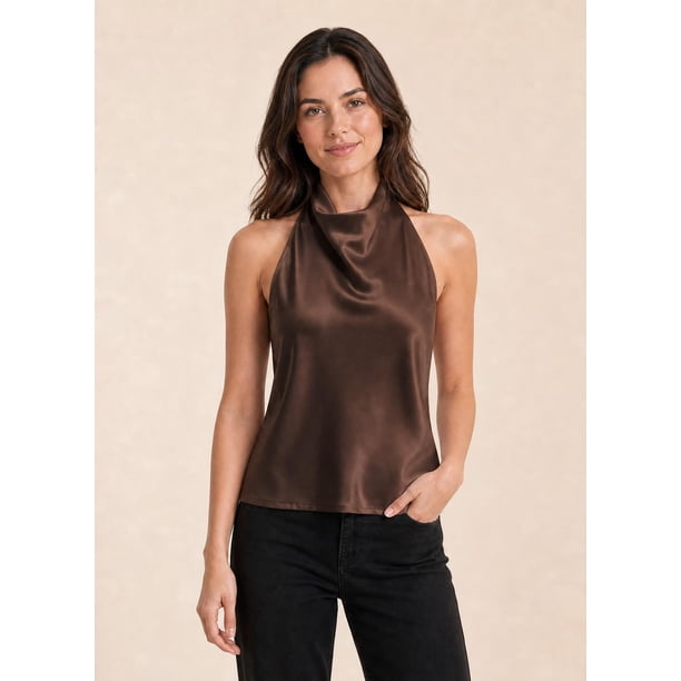 Blusa Top Halter De Satín Espalda Descubierta Elegante Mujer cafe Talla Única