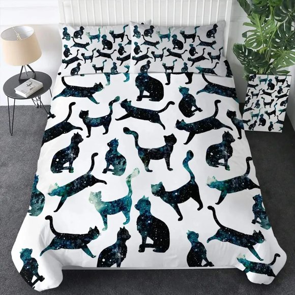 x2203 Bed SheetsWitch Black Cat Duvet Cover Set Full,Cat Sitting on Moon Bedding Set Vintage Gothic Animals Cat Comforter Cover Bed Sets 3-Piece Bedding Set (1 Duvet Cover + 2 Pillow Shams) nj2203