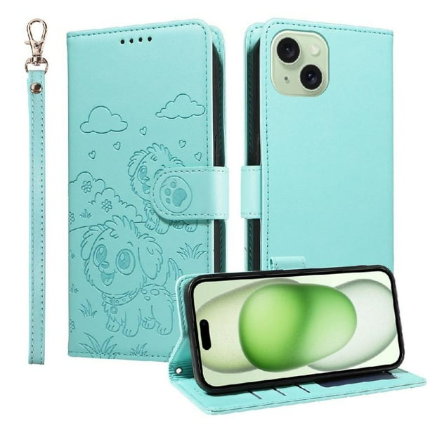 Funda Billetera FOXDOCK Compatible con iPhone 15, Diseño Perrito Tierno, Ranuras para Tarjetas y Soporte Plegable