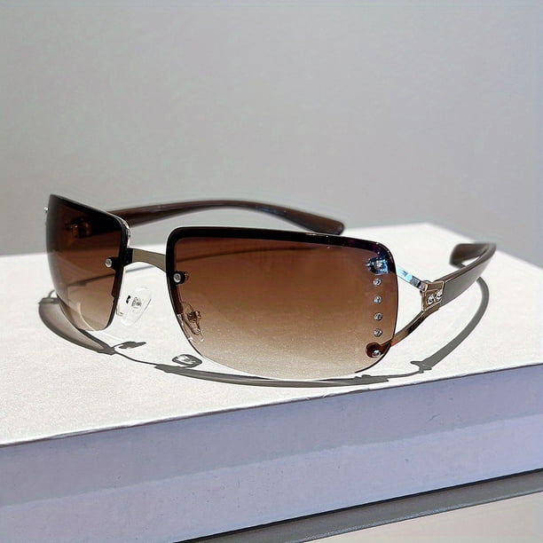 Y2K Rimless Sunglasses For Women Men Gradient Lens Glasses Futuristic Rhinestone Decor Eyewear For Driving Beach, UV 400
