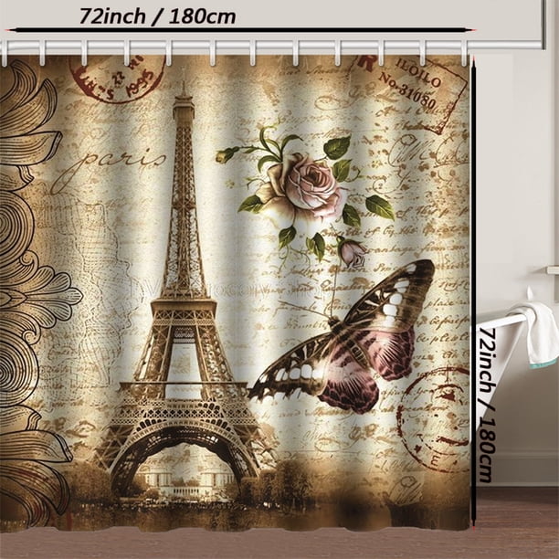 1pc/3pcs/4pcs Bathroom Sets Rugs Shower Curtain, Bath Mats Set, And Rugs Non-Slip Bath Mat Toilet Lid Cover, With 12 Hooks Eiffel Tower Pattern, Bathroom Decor Accessories