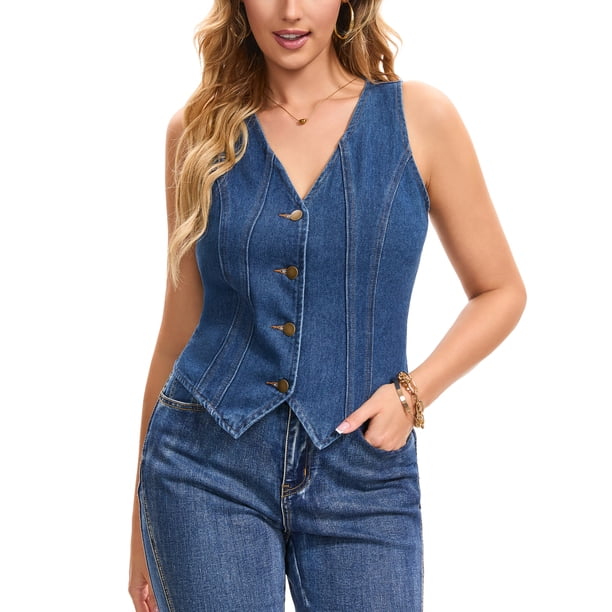 INSPIRE CHIC Chalecos de Mezclilla para Mujer Recortados Cuello en V Sin Mangas Abotonado Chaleco Occidental de Mezclilla Tops L Azul