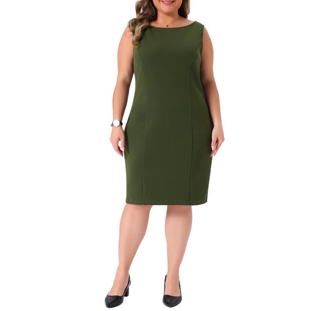 Agnes Orinda Vestido de Talla Grande para Mujer, Estilo Escolar Universitario, Sin Mangas, Cuello de Barco, Casual, Recto, Lápiz, para Trabajo, 5X Verde Militar