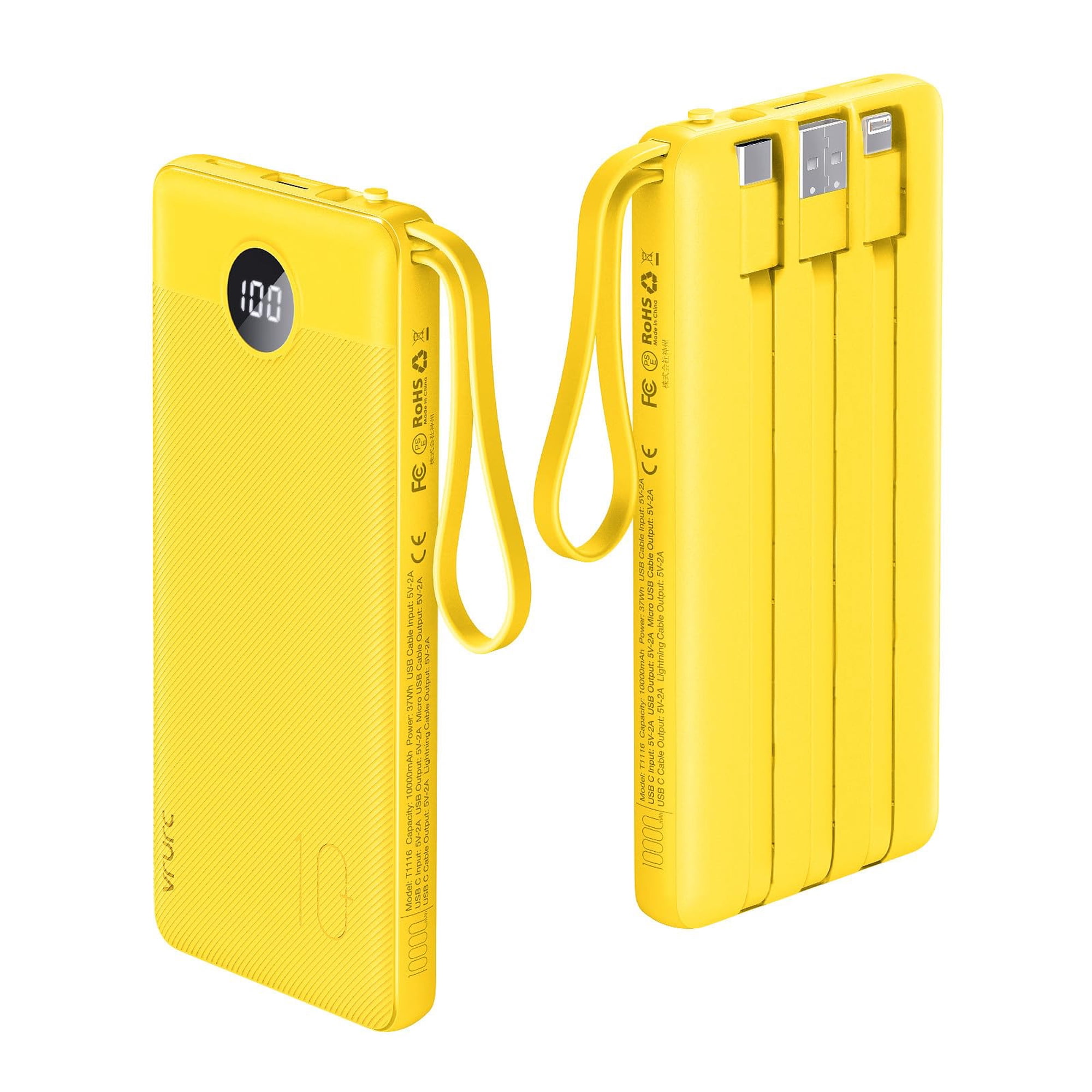 Batería Externa Vrurc De 10000 Mah Con Cables Usb-c Integrados, Color Amarillo