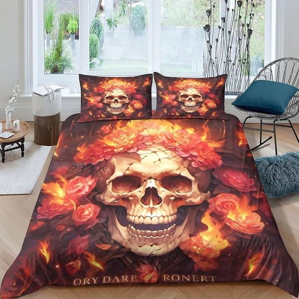 Juego de ropa de cama con funda nórdica de calavera, colcha 3D, 3 piezas, funda nórdica gótica con cierre de cremallera, microfibra suave para cama doble infantil.