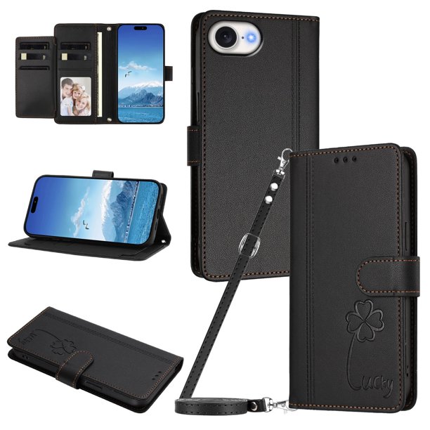 Funda Cartera Trébol para iPhone 17e/iPhone 16e con Ranuras Tarjetas y Carga Inalámbrica Negro