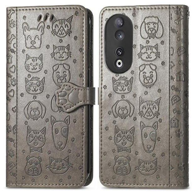 Funda Cartera FOXDOCK para Honor 90 5G , Flip PU con Relieve de Gatos y Perros, Tarjetero y Soporte