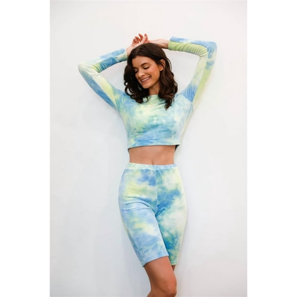 Conjunto de Top Corto de Manga Larga y Shorts de Ciclista de Terciopelo Teñido Anudado Multicolor, Verde, S
