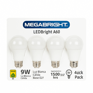Megabright - Pack De 4 Ampolletas Ledbright A60 De 9W Color 3000 Luz Cálida