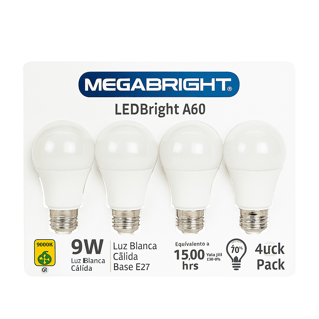 Megabright - Pack De 4 Ampolletas Ledbright A60 De 9w Color 3000 Luz Cálida