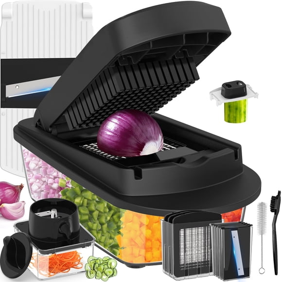 Picadora de verduras y mandolina, 12 hojas con recipiente, color negro