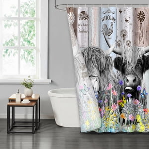 Lvrlvr 1 Pieza Cortina De Ducha Con Diseño De Vaca De Las Tierras Altas Escocesa Y Flores Silvestres, Color Blanco Y Multicolor, Estilo Rústico Campestre, Tamaño 180X180 Cm + 12 Ganchos De Tipo C