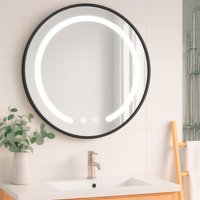 Joytek - Espejo Redondo Marco Negro Touch Con Luz Led 3 Colores 80 Cm