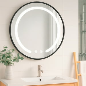 Joytek - Espejo Redondo Marco Negro Touch Con Luz Led 3 Colores 80 Cm