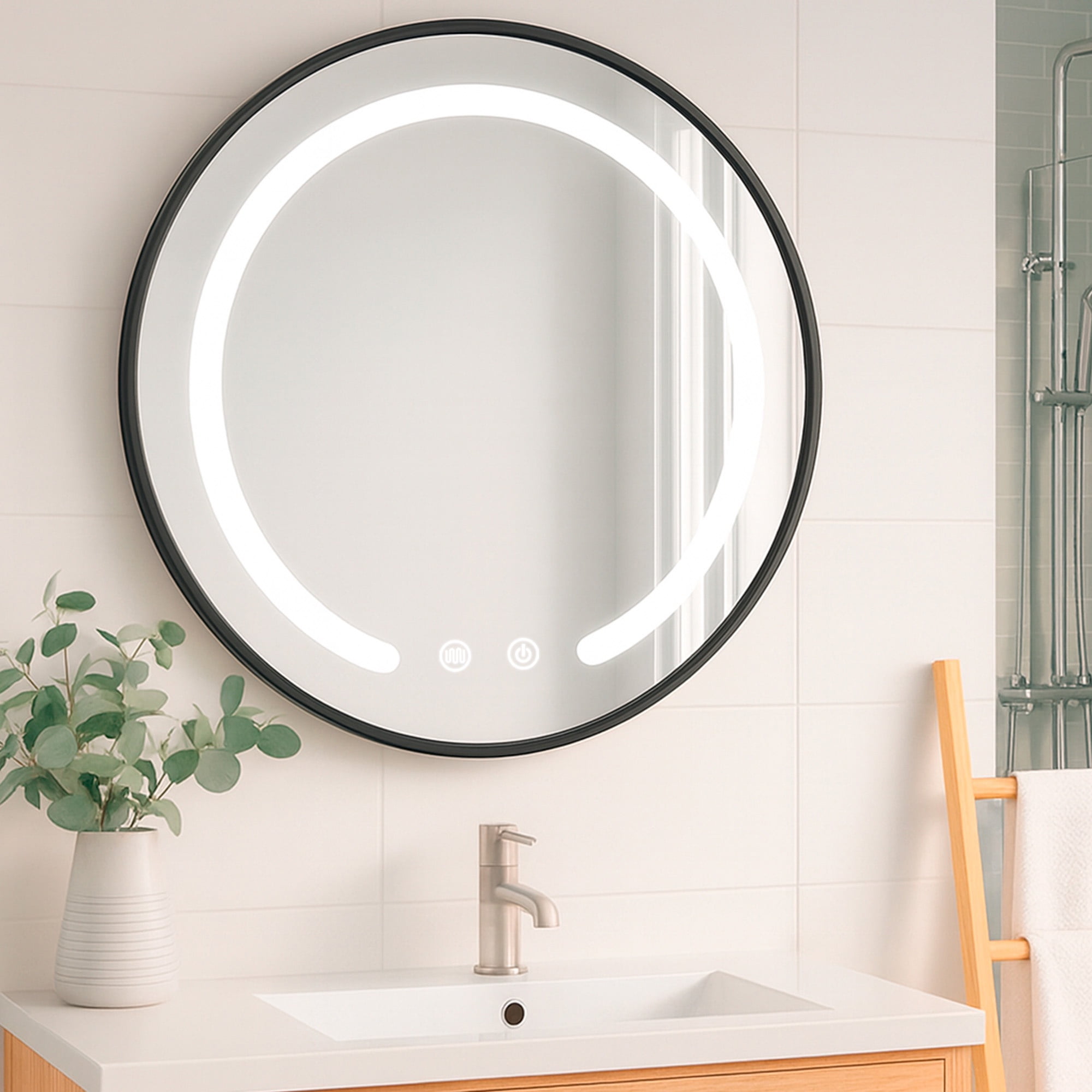 Joytek - Espejo Redondo Marco Negro Touch Con Luz Led 3 Colores 80 Cm