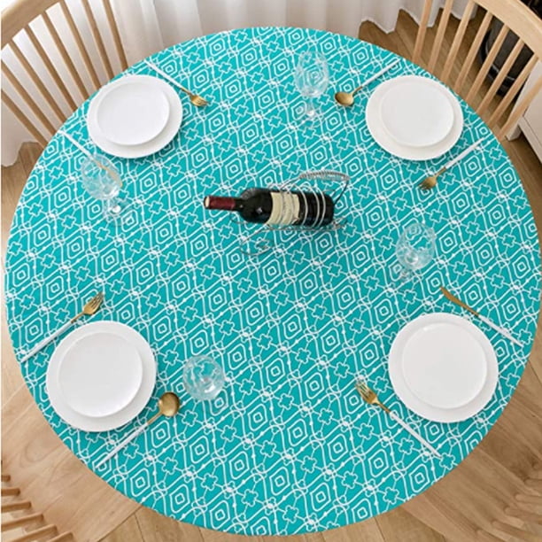 Mantel ajustable con reverso de franela y borde elástico. Mantel de PVC impermeable y resistente al aceite, antimanchas y lavable para mesas redondas (ideal para mesas redondas de 91 a 112 cm).