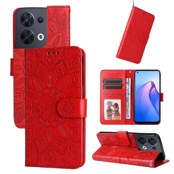 Funda tipo cartera FOXDOCK para OPPO Reno 8 5G , diseño girasol en relieve, cuero PU, cierre magnético, soporte y tarjetero