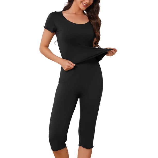 INSPIRE CHIC Conjunto de Pijama Capri para Mujer con Volantes, Manga Corta, Cuello en U, Pantalones Recortados, Ropa de Casa Refrescante de Verano XL Negro