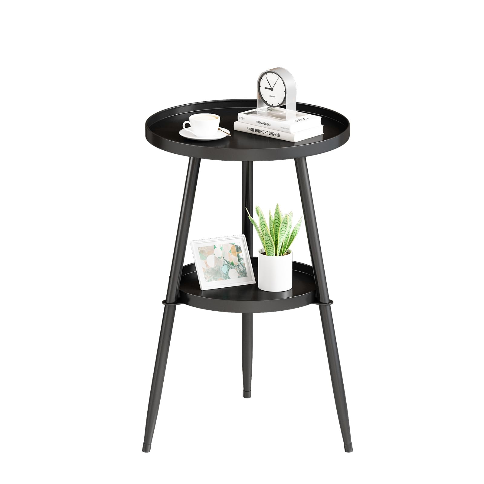 Mesa Auxiliar Lmgvrzk Redonda Pequeña De Metal Negro De 2 Niveles, Moderna