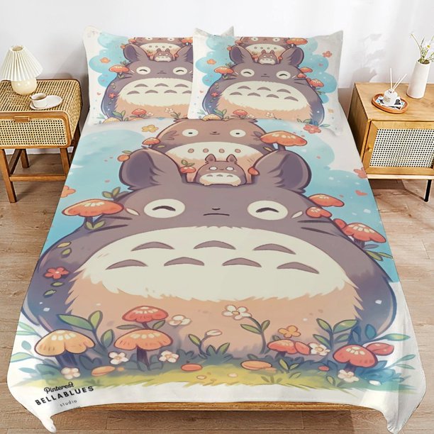 x348 My Neighbor Totoro Bed Duvet Cover Microfiber Bedding Sets 3D Printed Lightweight 3 Piece Comforter Sets, 1 Duvet Cover And 2 Pillow Shams for Kids Boys Girls 90"x90" jn348