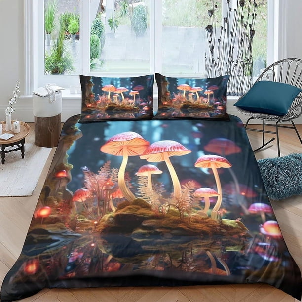 Juego de funda nórdica con estampado de setas fantásticas, funda de edredón con estampado de bosque de hadas para decoración de cama, funda de cama de microfibra ultrasuave con cremallera oc