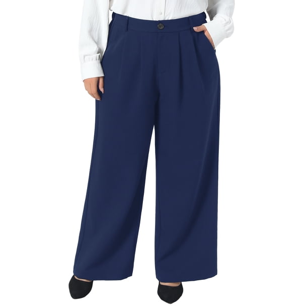 Agnes Orinda Pantalones de Colegio para Mujer Talla Grande, Cintura Alta Elástica, Pantalones de Negocios Largos y Rectos con Bolsillos 2X Azul Marino