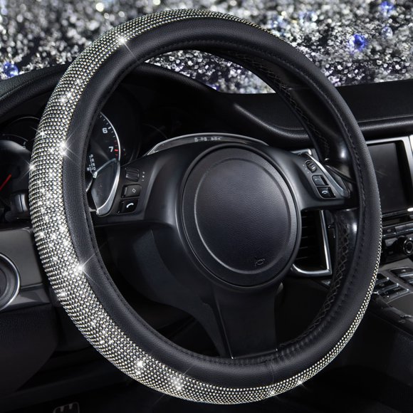 Funda de volante CAR PASS de piel negra con diamantes de imitación