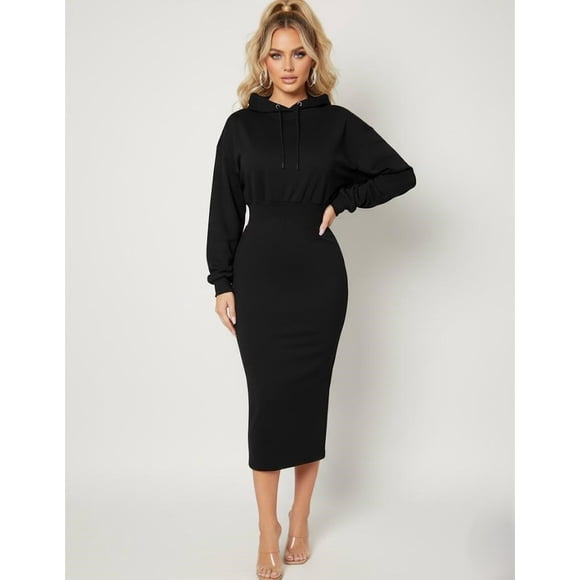 Vestido Largo Tipo Polerón Negro - Con Capucha y Cintura Ajustada