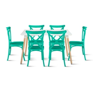 Klik Muebles - Comedor Rectangular Blanca 120X80Cms + 6 Sillas Crossback Danubio Menta