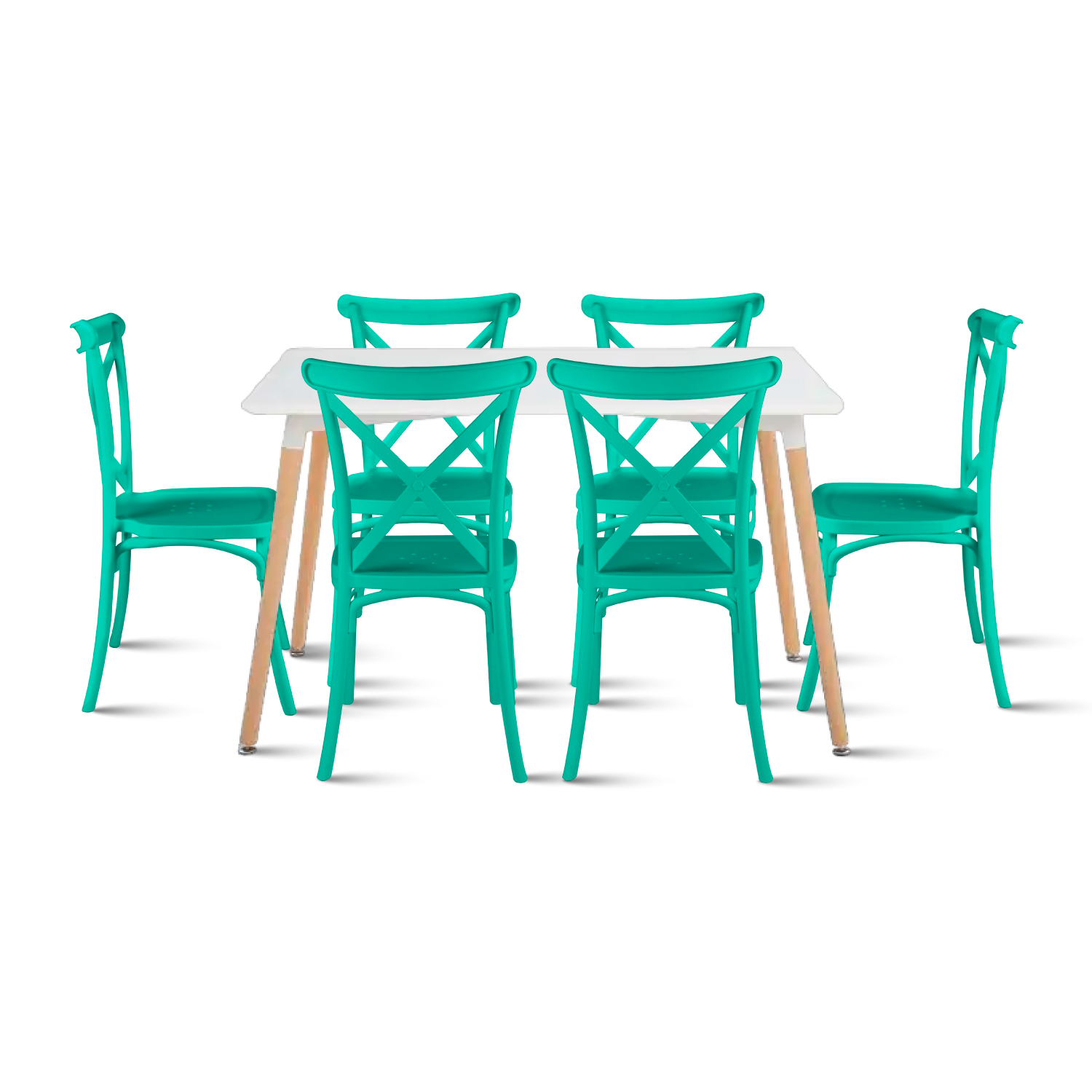 Klik Muebles - Comedor Rectangular Blanca 120X80Cms + 6 Sillas Crossback Danubio Menta