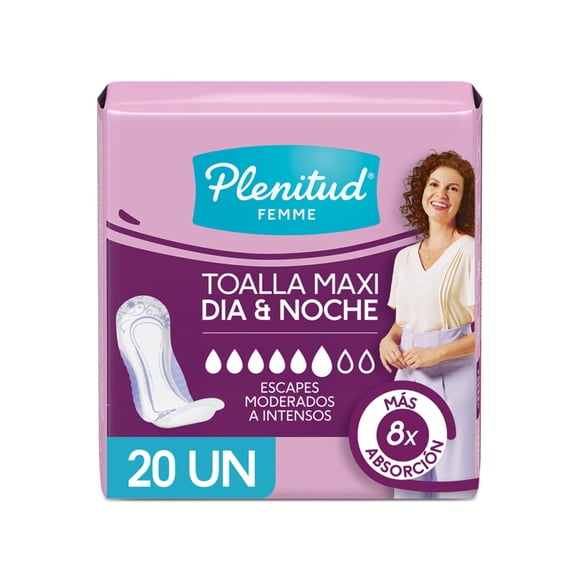 Toallas Femeninas Plenitud para Incontinencia Femme Maxi Día y Noche, 20 unidades