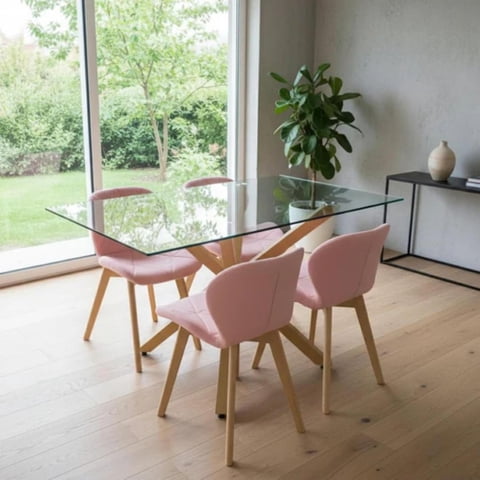 Pandalino - Comedor Mesa Rectangular Greta 140X90 + 4 Sillón Rubik Rosado