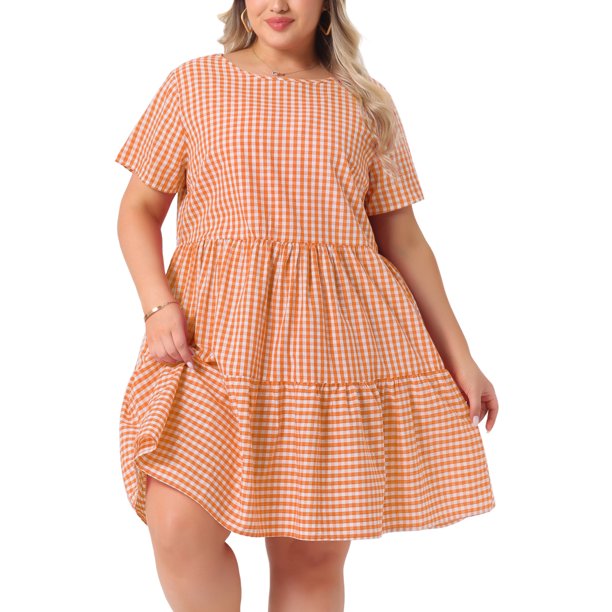 Vestido de cuadros de verano casual midi con cuello redondo y mangas cortas de talla grande para mujer de Agnes Orinda, 1X Naranja