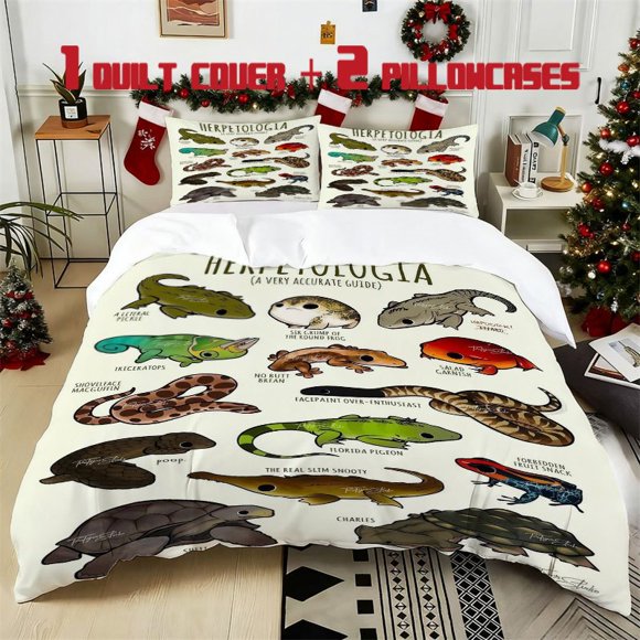 3pcs Reptile Fun Illustration Printed Bedding Set Soft Duvet Cover with 2 Pillowcases All Season Comfort