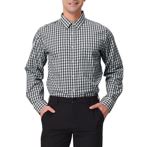 INSPIRE CHIC Camisas de Hombre de Cuadros de Manga Larga con Botones Abajo Camisa de Vestir 100% Algodón M Negro Blanco