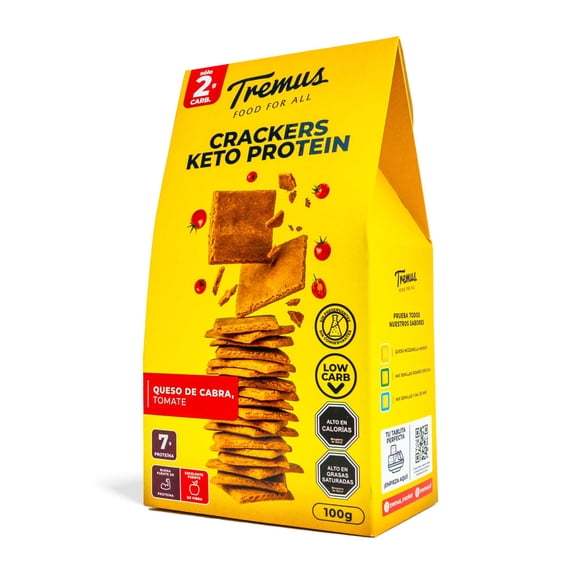 Crackers Keto Protein Queso de Cabra y Tomate Deshidratado, 100 gr, Marca Tremus