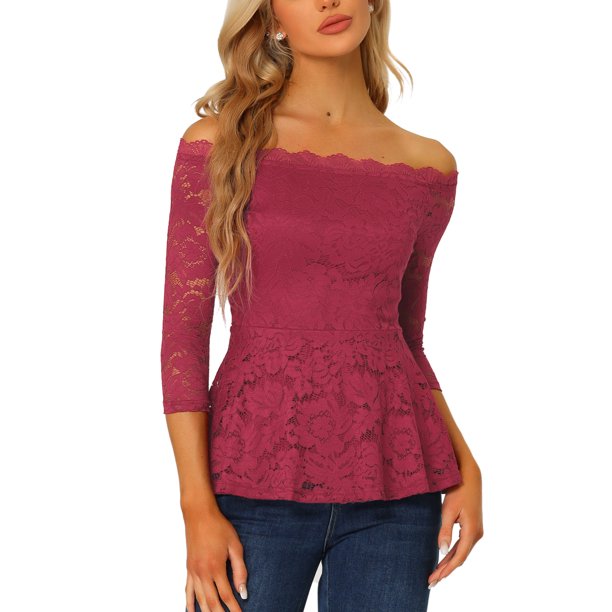 INSPIRE CHIC Blusa de Encaje Floral para Mujer con Hombros Descubiertos y Mangas 3/4 Transparentes Peplum XS Burdeos