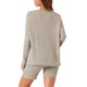 thumbnail image 3 of INSPIRE CHIC Conjuntos de salón de 2 piezas para mujer Conjuntos a juego de punto acanalado Top de manga larga con pantalones cortos de ciclista Chándales 2XL Camel, 3 of 6
