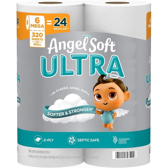 Angel Soft Ultra Toilet Paper, 6 Mega Rolls, 24 Rollos Regulares