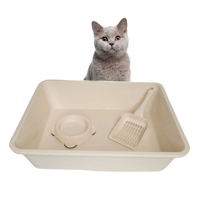 Genérico - Arenero Caja Arena Bandeja Sanitaria Gatos + Pala + Comedero Beige