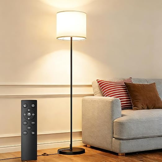 Lámparas de pie regulables para sala de estar con bombilla LED de 12 W, interruptor de pie, luz de piso de temperatura de color personalizada remota, lámparas de pie con pantalla de lino