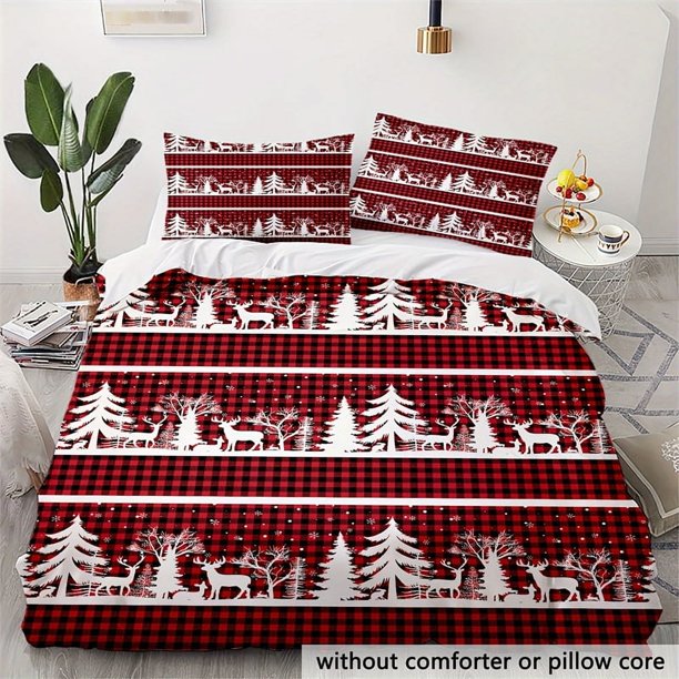3pcs Merry Christmas Duvet Cover Set Plaid Christmas Tree Elk Print Rustic Style Bedding Set Soft Comfortable Duvet Cover