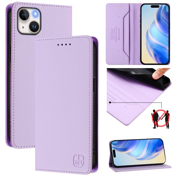 Funda Billetera con Soporte para iPhone 14 Plus Bloqueo RFID Plegable Morado claro