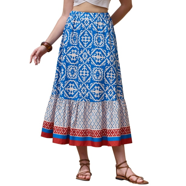 INSPIRE CHIC Falda Maxi Boho para Mujer A-Line de Cintura Alta para Vacaciones Falda de Bloques de Color M Azul