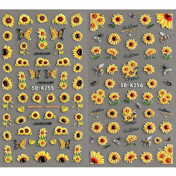 2pcs, 5D Embossed Sunflower Nail Art Stickers,Self Adhesive Flower Nail Art Decals For DIY Or Nail Salons,Nail Art Supplies For Women And Girls